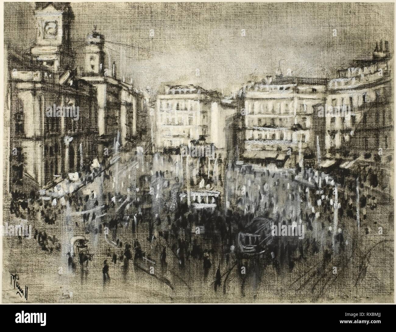 La Puerta del Sol, Madrid. Joseph Pennell ; American, 1857-1926. Date : 1903. Dimensions : 217 x 282 mm. Fusain et craie blanche huilé, avec dessouchage et effacement, sur vélin crème, périmètre monté sur off-white pâte de bois laminé. Origine : Etats Unis. Musée : le Chicago Art Institute. Banque D'Images