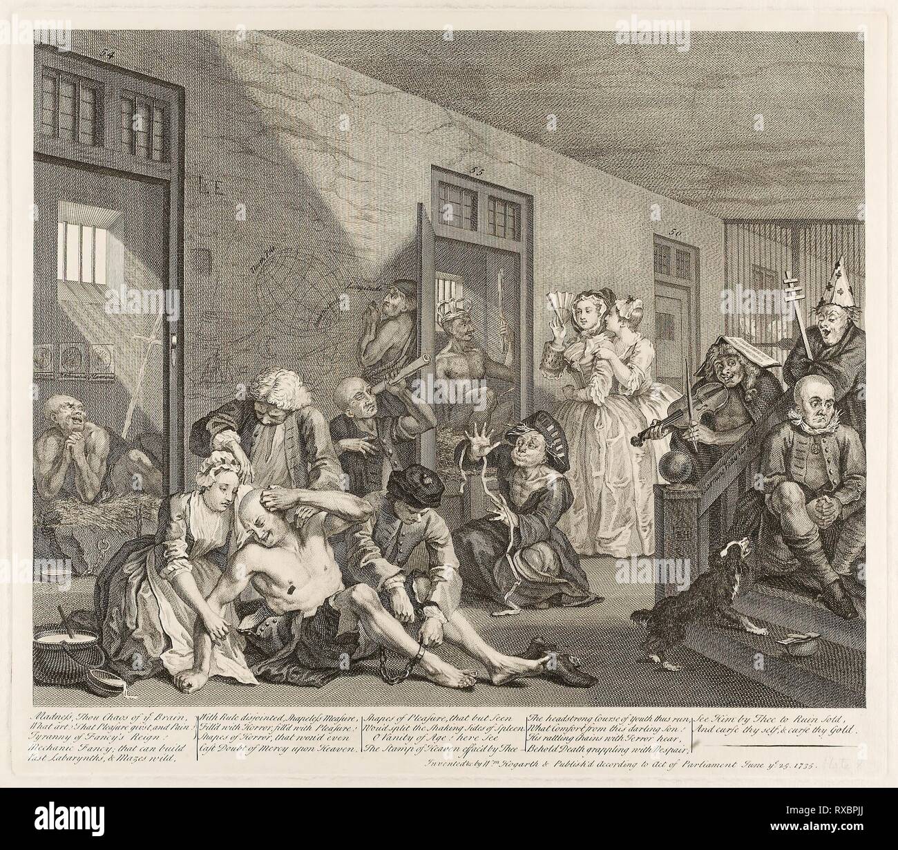 8 plaque, à partir d'une Rake's Progress. William Hogarth ; anglais, 1697-1764. Date : 1735. Dimensions : 315 × 387 mm (image) ; 355 × 410 mm (plaque) ; 481 × 599 mm (feuille). La gravure en noir sur papier vergé ivoire. Origine : Angleterre. Musée : le Chicago Art Institute. Banque D'Images