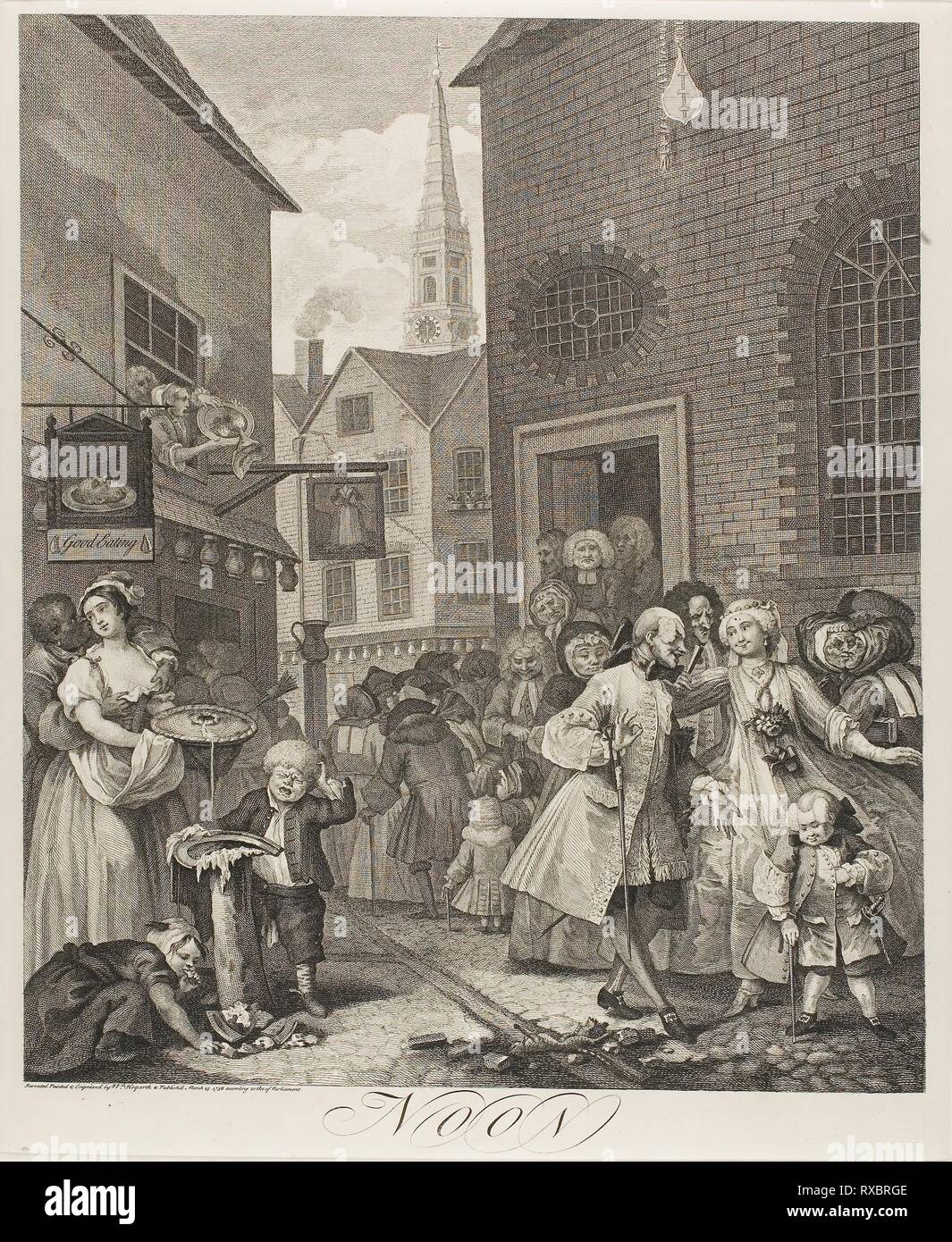 Midi, la plaque deux des quatre moments de la journée. William Hogarth ; anglais, 1697-1764. Date : 1738. Dimensions : 450 × 380 mm (image) ; 488 × 402 mm (plaque) ; 660 × 497 mm (feuille). La gravure en noir sur papier vergé ivoire. Origine : Angleterre. Musée : le Chicago Art Institute. Banque D'Images