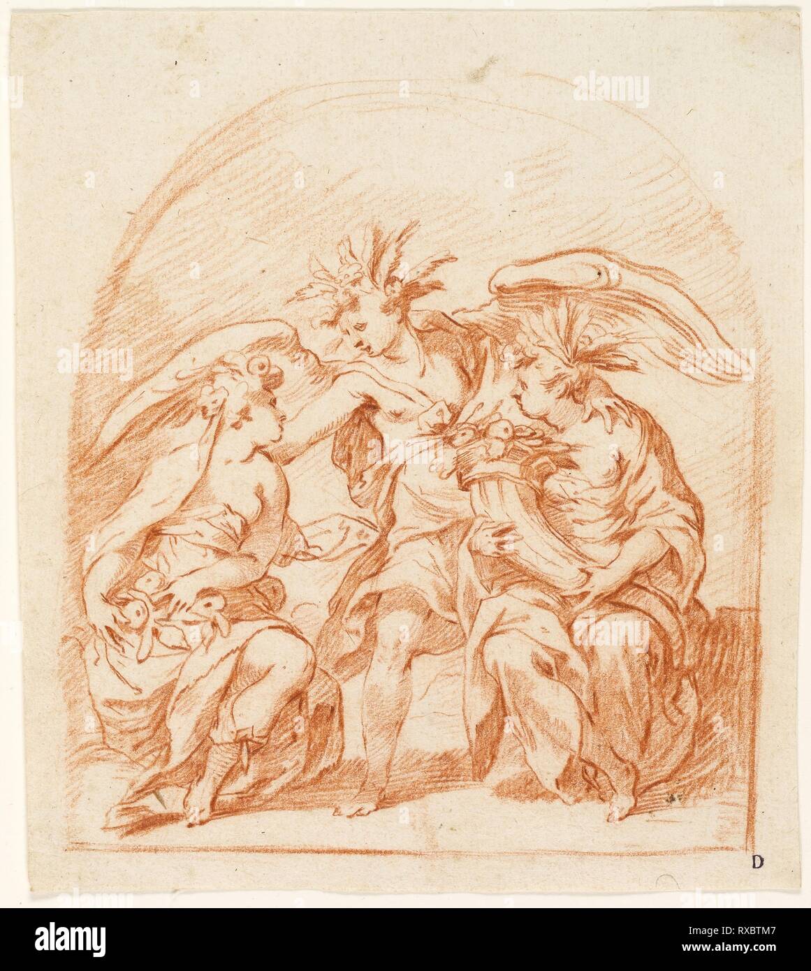 Figure allégorique de l'été flanqué de Pomona et Ceres. Peut-être Pierre Brèbiette (français), ch. 1598-c. 1650) ; après Paolo Farinati (italien, 1524-1606). Date : 1625-1635. Dimensions : 134 × 150 mm. Craie rouge sur papier vergé crème. Origine : France. Musée : le Chicago Art Institute. Banque D'Images