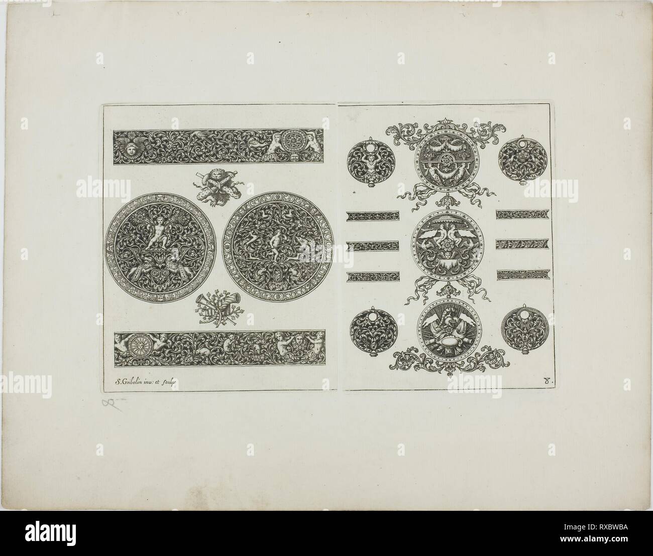 8 plaque, à partir de la réserve de l'ornement. Simon Gribelin II ; français, 1661-1733. Date : 1704. Dimensions : 133 × 206 mm (image/plaque) ; 232 × 295 mm (feuille). Gravure sur papier. Origine : France. Musée : le Chicago Art Institute. Banque D'Images