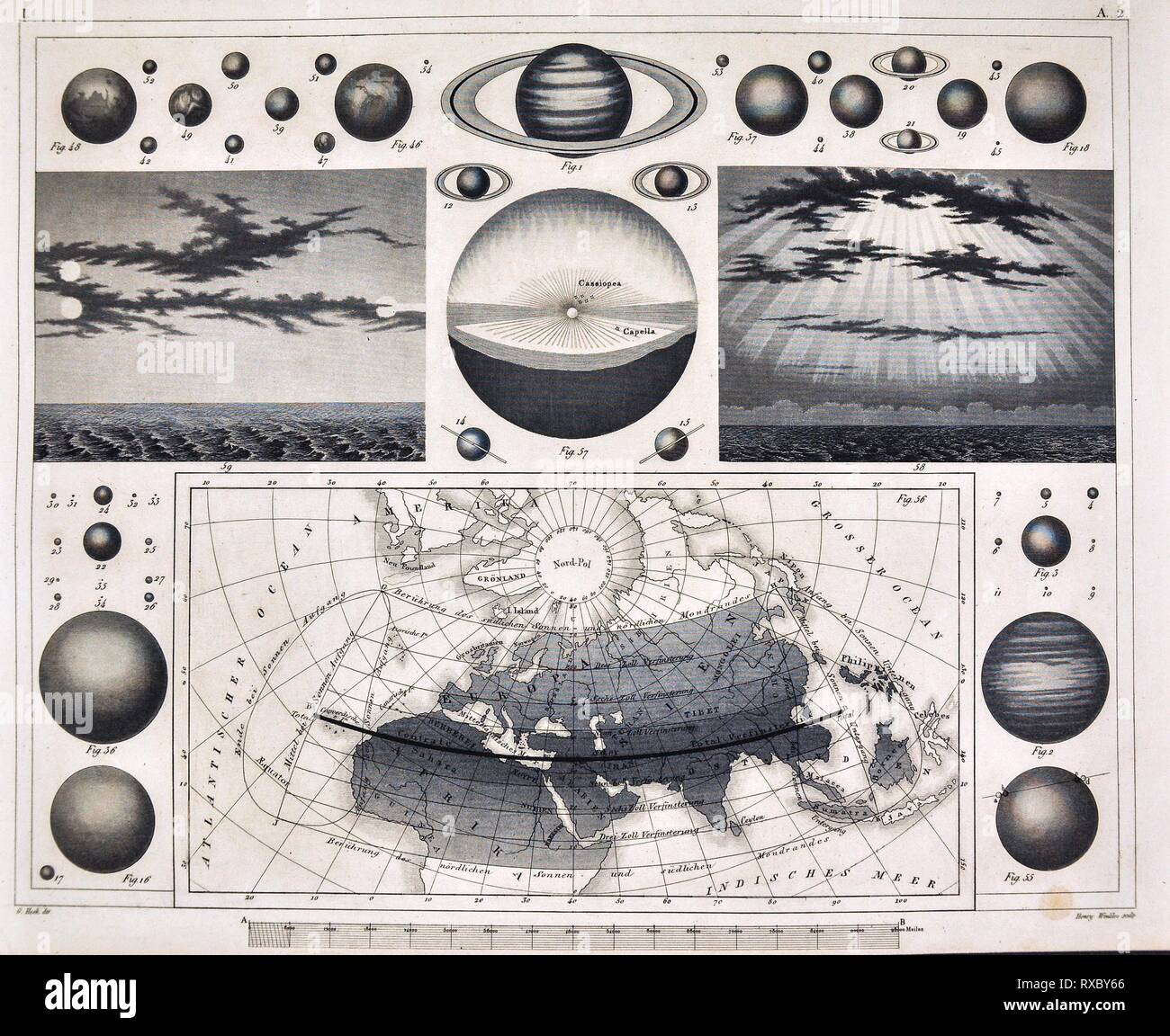 1849 Les photos La carte du monde et du système solaire les planètes et leurs lunes et les effets de la lumière sur la surface de la Terre Banque D'Images