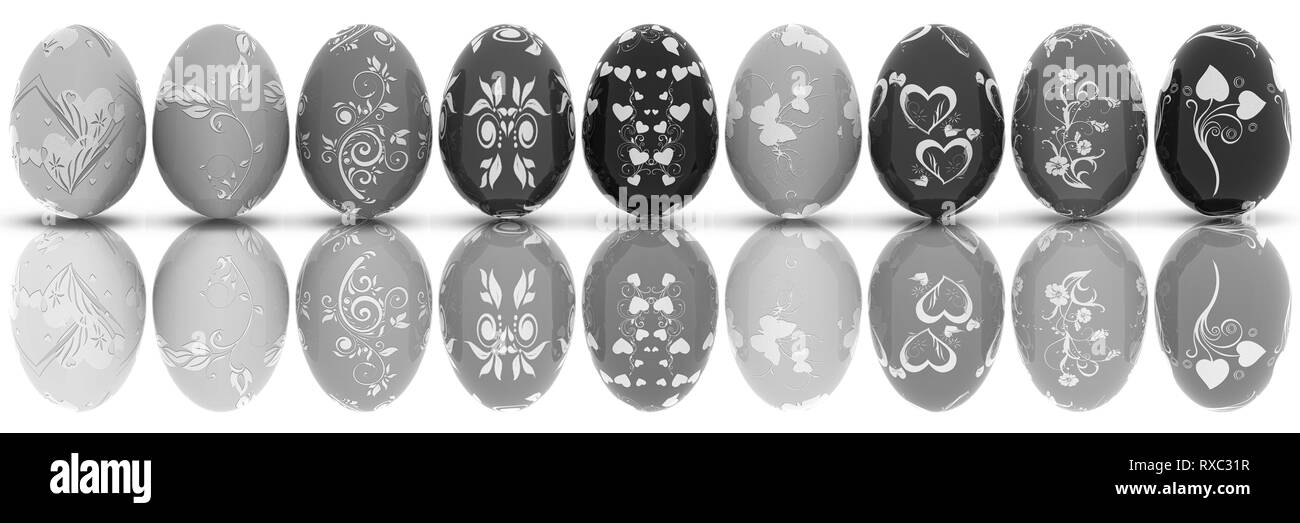 3D illustration. Oeufs de Pâques décorés de la série. Oeufs décorées en noir et blanc Banque D'Images
