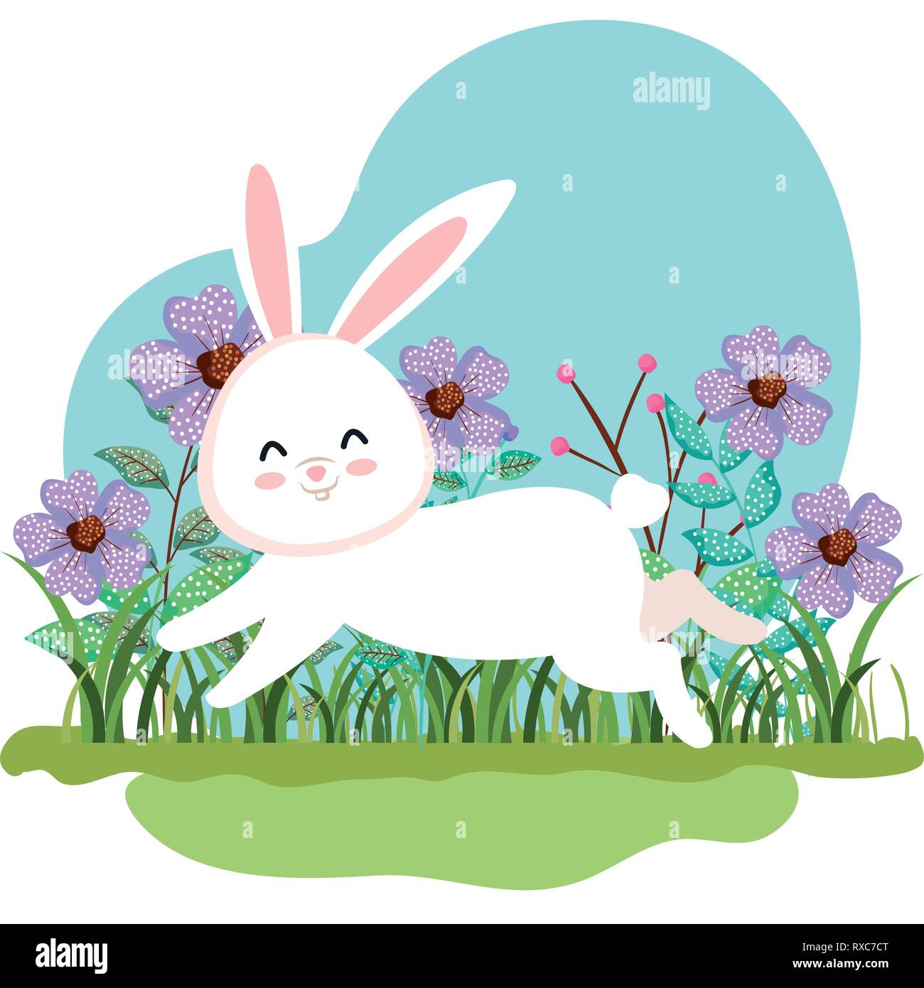 Lapin mignon fonctionnant avec des feuilles des plantes et des fleurs Illustration de Vecteur