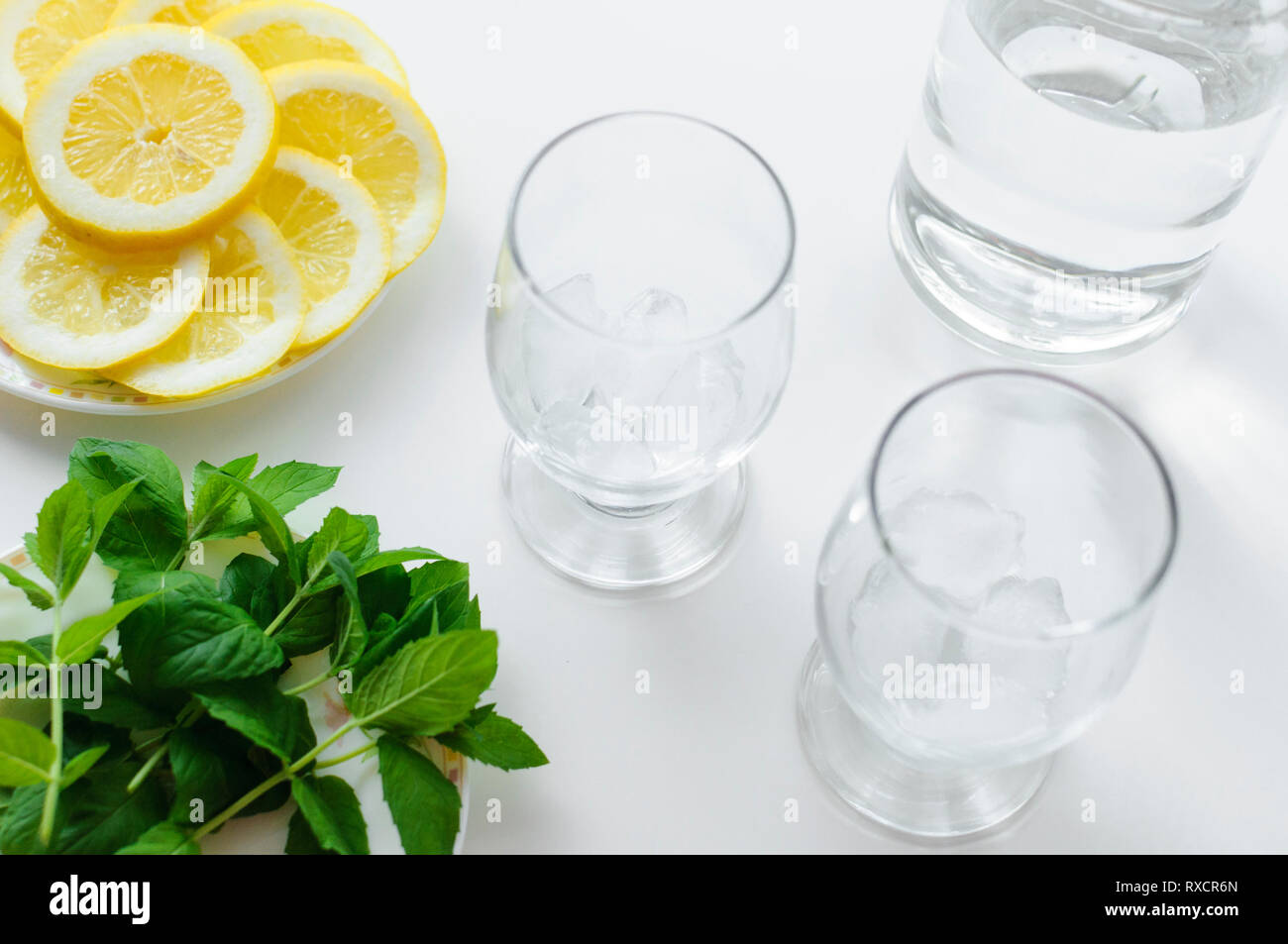 Deux verres transparents avec des cubes de glace et ingrédients pour prendre un verre, comme le citron et feuilles de menthe fraîche. Banque D'Images