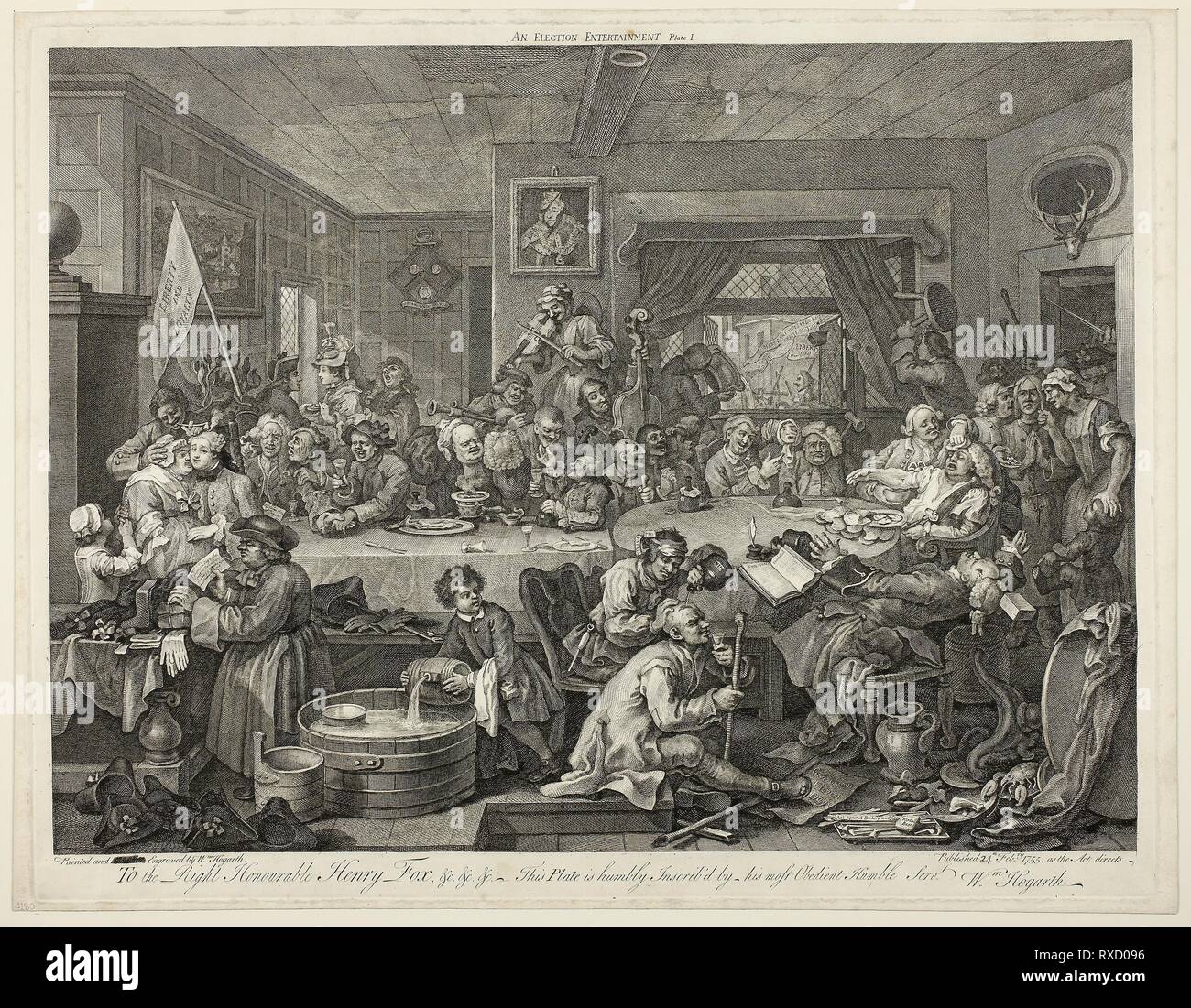 Un choix de divertissement, une plaque de 4 empreintes d'une élection. William Hogarth ; anglais, 1697-1764. Date : 1757-1758. Dimensions : 400 × 540 mm (image) ; 437 × 559 mm (plaque) ; 449 × 580 mm (feuille). Gravure en noir sur papier vergé crème. Origine : Angleterre. Musée : le Chicago Art Institute. Banque D'Images