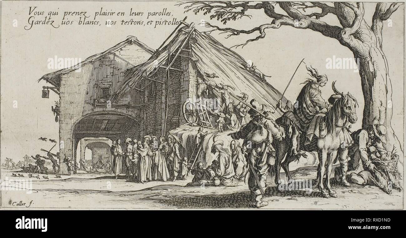 La Place d'arrêt, de la bohème. Jacques Callot ; français, 1592-1635. Date : 1612-1635. Dimensions : 123 × 233 mm (image/feuille, couper la plaque à l'intérieur de mark). Burin avec gravure sur papier. Origine : France. Musée : le Chicago Art Institute. Banque D'Images