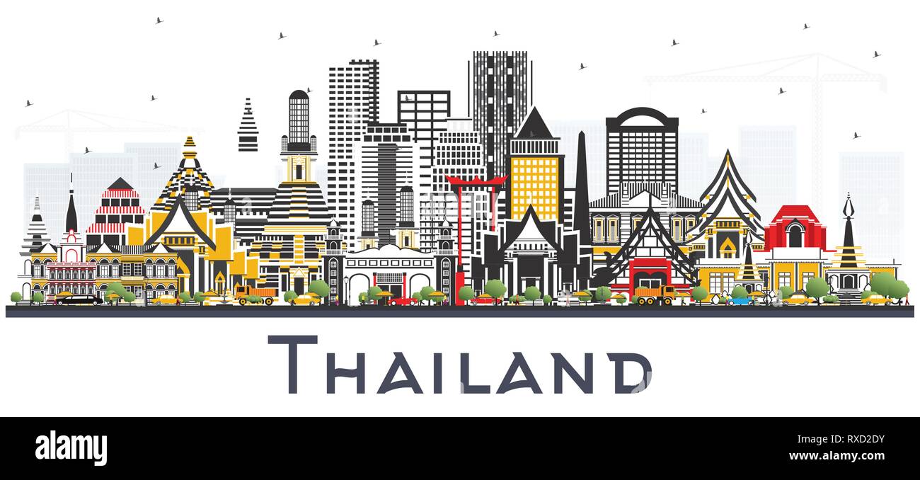 La Thaïlande sur les toits de la ville avec des bâtiments couleur isolé sur blanc. Vector Illustration. Concept du tourisme avec l'architecture historique. Thaïlande paysage urbain. Illustration de Vecteur
