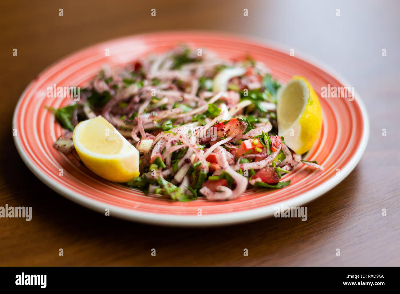 Kebab turc accompagnement salade d'oignon dans un restaurant local à Nicosie. Nourriture chypriote traditionnel sur l'île de Chypre. Banque D'Images