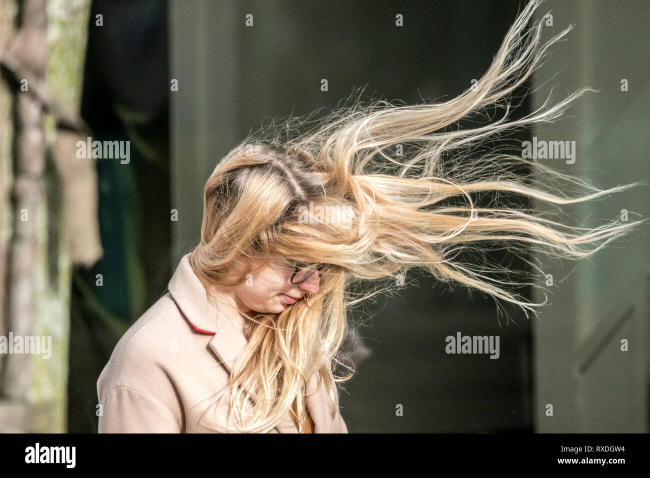 Le vent, les cheveux,des,mauvais jour de cheveux,cheveux vent,cheveux  longs,femme,face,Tête et épaules,embrouillé,a,uk,storm,stormy,gale,femme,fille,personne,long  Photo Stock - Alamy