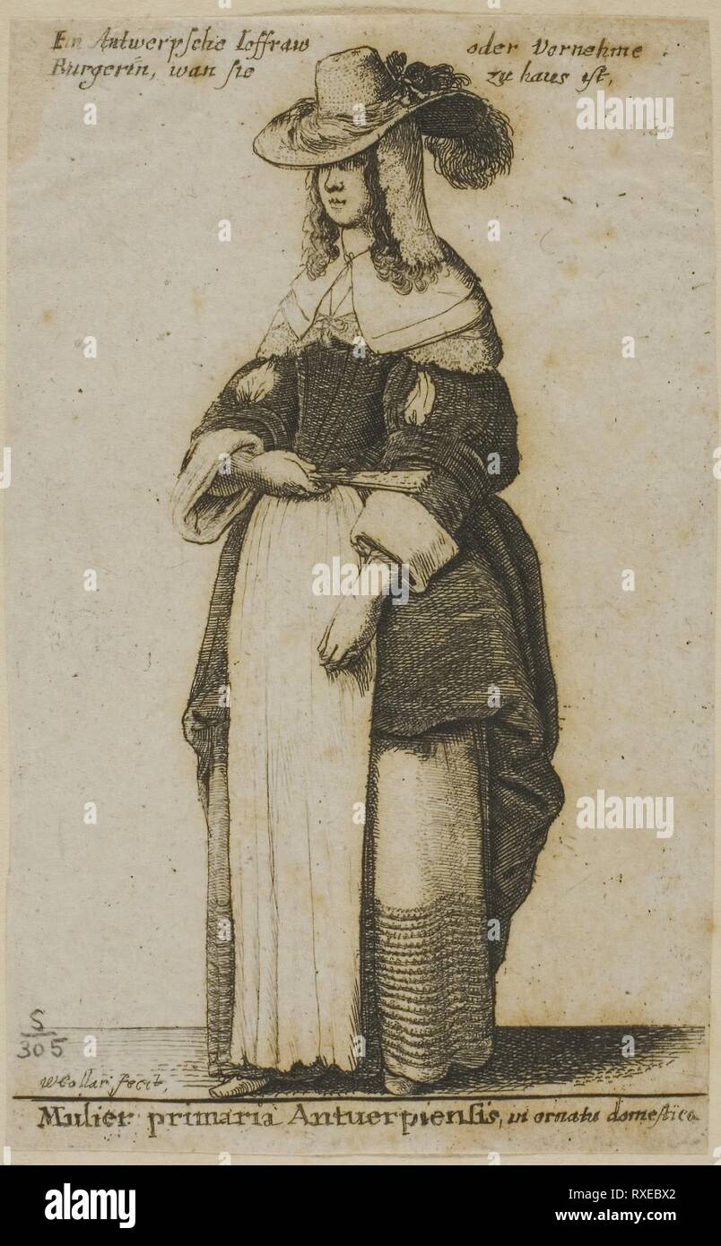 Femme d'Anvers. Wenceslaus Hollar ; République tchèque, 1607-1677. Date : 1648. Dimensions : 92 × 57 mm (feuille, parés à l'intérieur d'une plaque d'interrogation). Gravure sur papier asiatique gris. Origine : La Bohême. Musée : le Chicago Art Institute. Banque D'Images