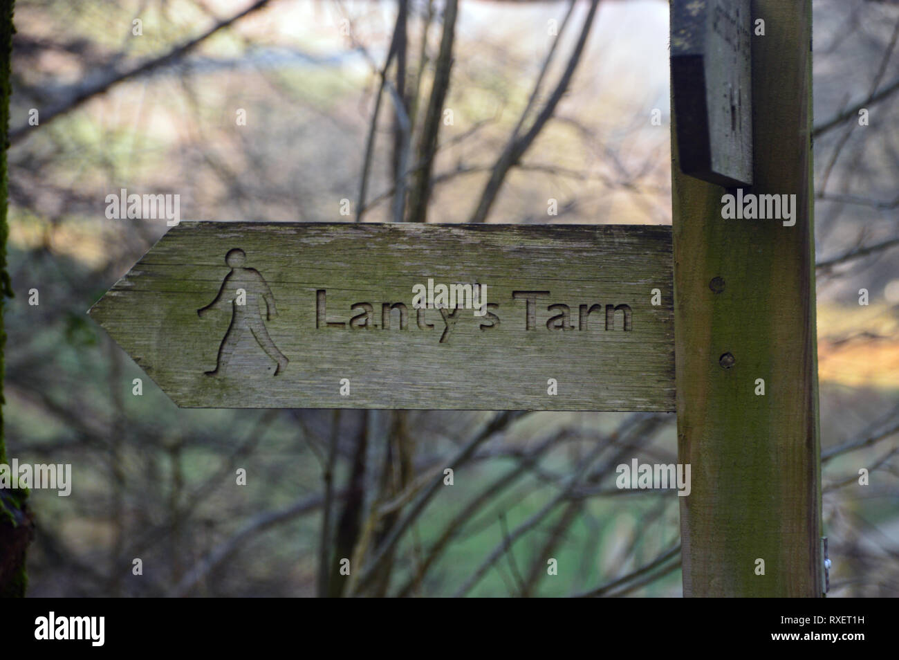 Panneau en bois à Lanty's Tarn sur la route à l'Birkhouse Wainwright Moor à Glenridding, Parc National de Lake District, Cumbria, England, UK. Banque D'Images