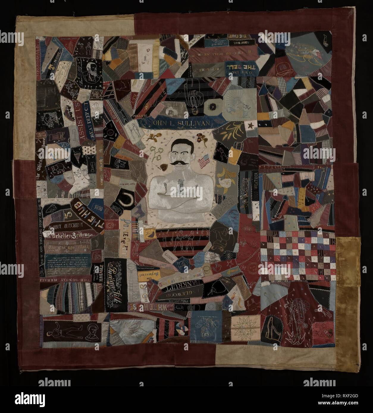 John L. Sullivan Quilt. United States, probablement dans l'Illinois. Date : 1888-1892. Dimensions : 209,6 x 201,9 cm (82 1/2 x 79 1/2 in.). Losanges brodés et 'crazy' quilt top ; teints et imprimés soie, coton, laine et métallique, lisse, sergé, satin, velours et tissus d'armure à motifs et des rubans de soie, coton, métalliques et fils à broder. Origine : l'Illinois. Musée : le Chicago Art Institute. Banque D'Images