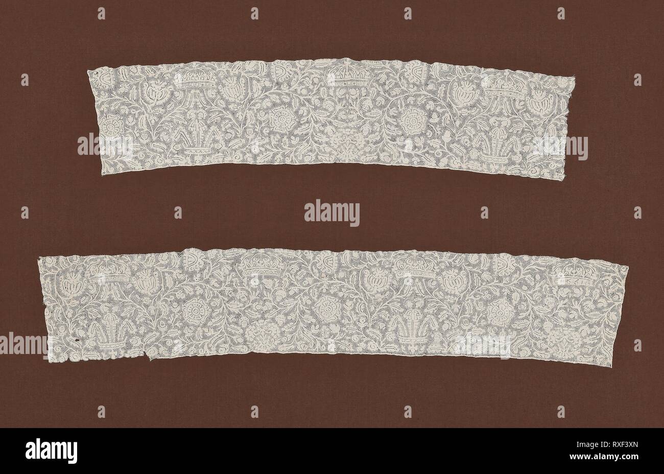 Deux fragments d'une frontière. L'Angleterre, le Devonshire ou Dorset. Date : 1661. Dimensions : a : 72,4 × 13,3 cm (28 1/2 x 5 1/4 in.) b : 60 × 13 cm (23 5/8 x 5 1/8 in.). , Partie de canette de la dentelle. Origine : Angleterre. Musée : le Chicago Art Institute. Banque D'Images