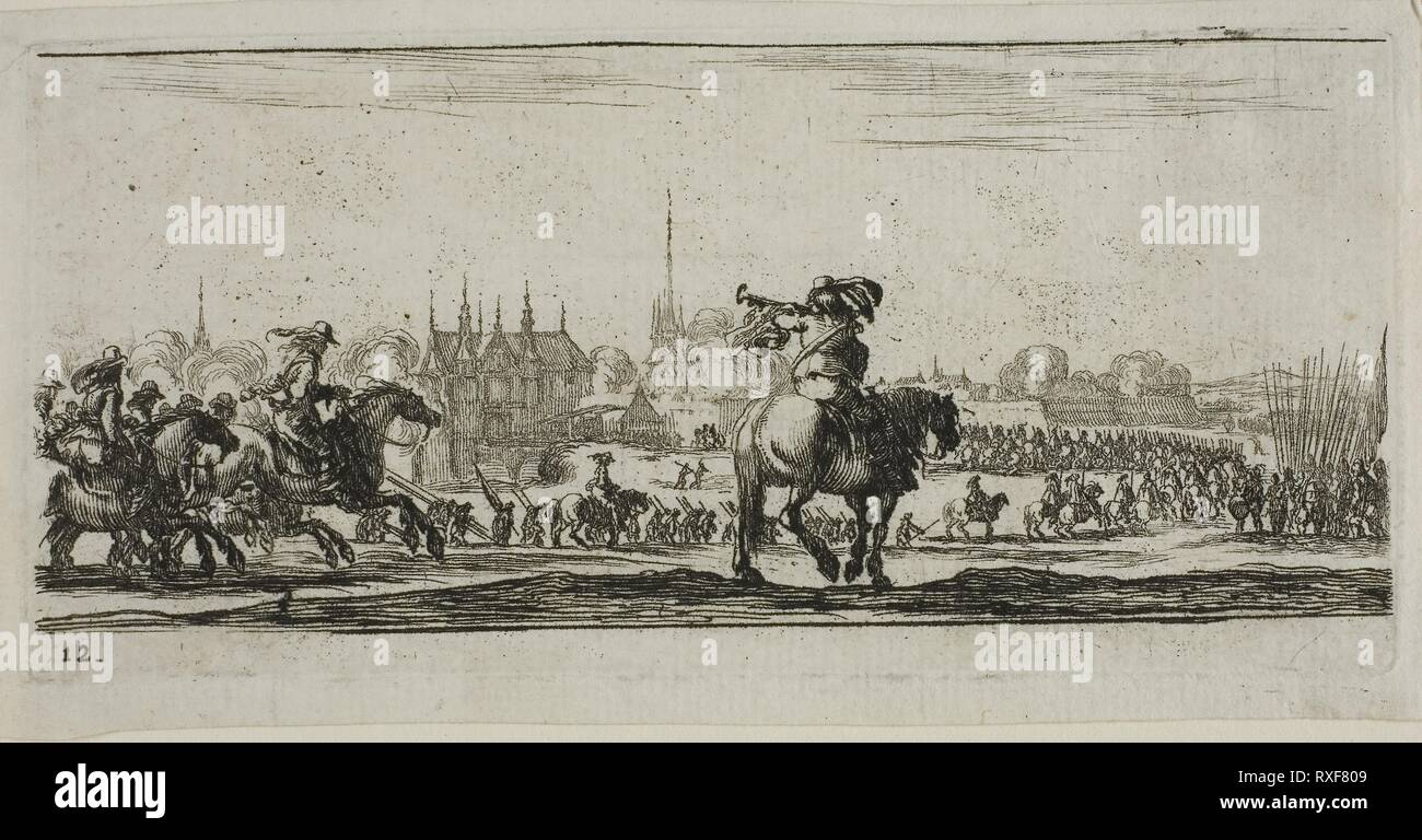 12 Plaque de dessins de plusieurs mouvements par des soldats. Stefano della Bella, italien, 1610-1664. Date : 1644. Dimensions : 55 x 128 mm (image) ; 61 x 130 mm (plaque) ; 69 x 137 mm (feuille). Gravure sur papier vergé ivoire. Origine : Italie. Musée : le Chicago Art Institute. Banque D'Images