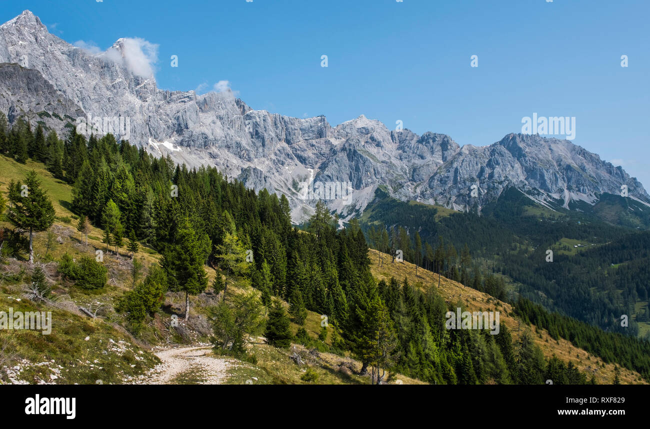 Le Hoher Dachstein massif forme une toile de terres agricoles et de prairies alpines. Banque D'Images