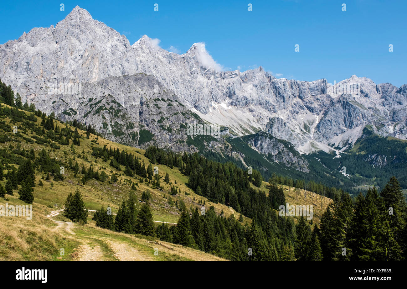 Le Hoher Dachstein massif forme une toile de terres agricoles et de prairies alpines. Banque D'Images