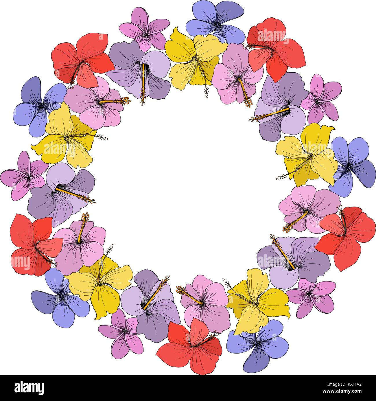 Vector floral Hibiscus fleurs tropicales. L'art d'encre gravée sur fond blanc. Bordure de cadre carré ornement. Illustration de Vecteur
