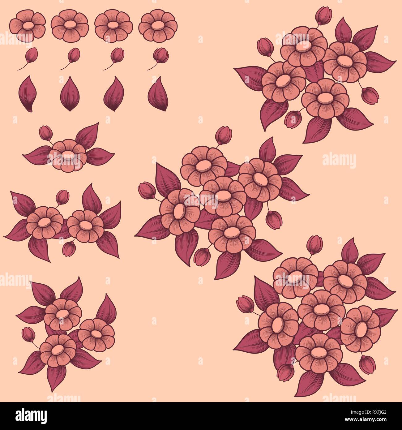 Couleur corail éléments floraux avec des fleurs et des feuilles Illustration de Vecteur