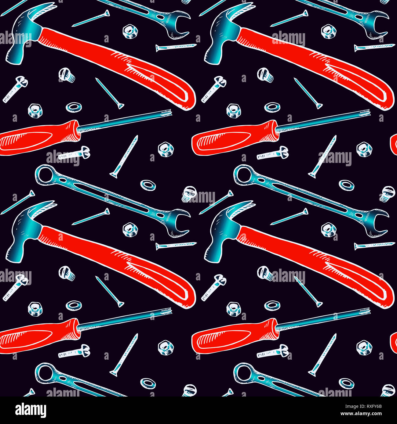 Marteau, tournevis, clé dynamométrique avec boulon, écrou, rondelle, clou et vis, seamless pattern design, hand drawn doodle, sketch dans un style pop art Banque D'Images
