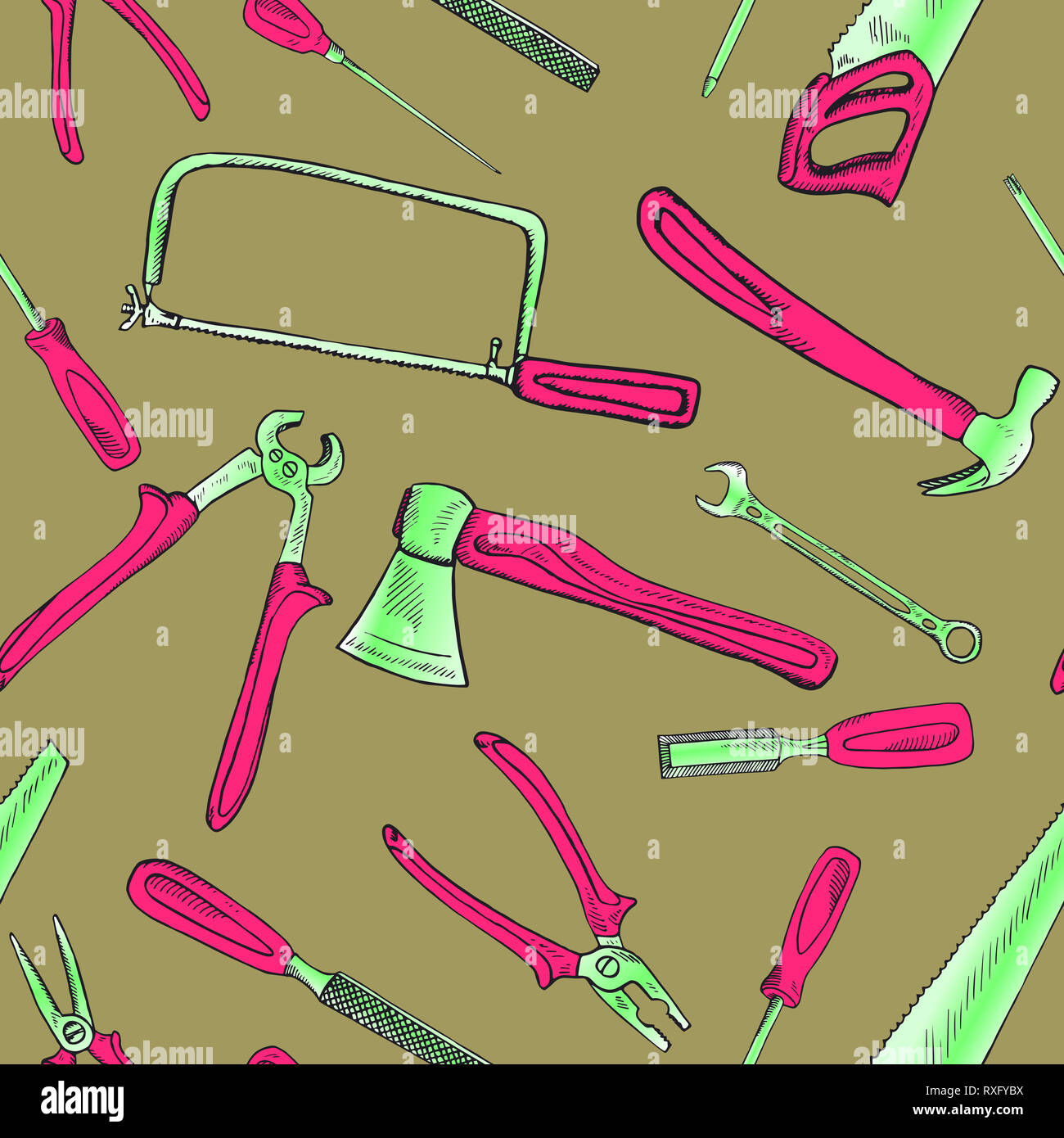 Adaptation, scie, ciseau, vu bradawl, marteau, fichier, tournevis, clé, pince et ax, pattern design transparente, hand drawn doodle, sketch dans pop art Banque D'Images