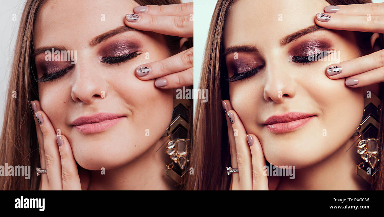 Avant et après dans l'éditeur de retouche. Côte à côte la beauté des  portraits de femme avec le maquillage et manucure édité Photo Stock - Alamy