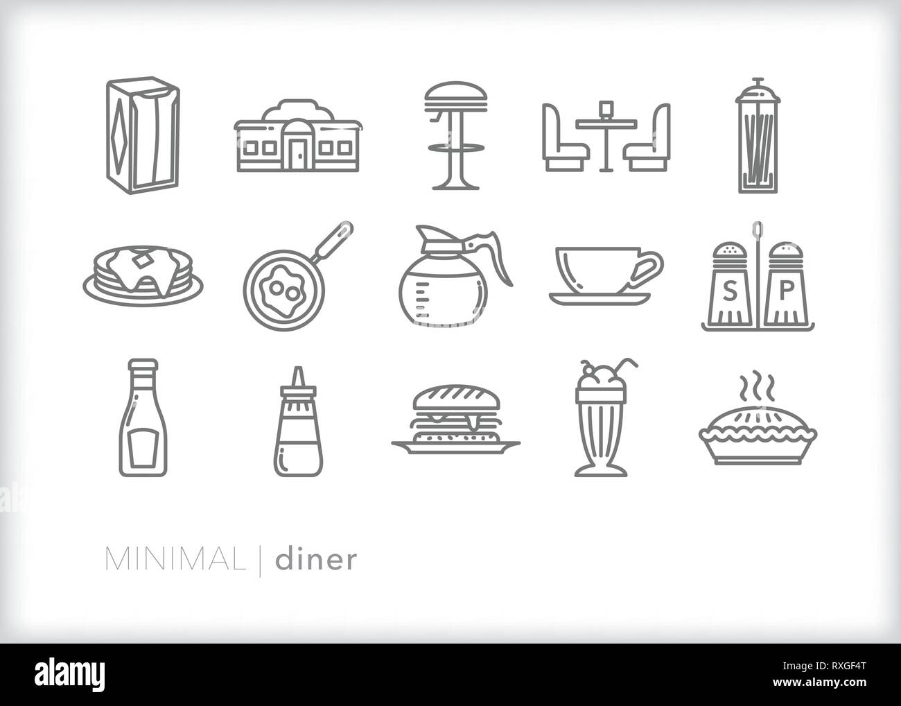 Ensemble de 15 aliments et boissons dîner en bordure des icônes de ligne Illustration de Vecteur