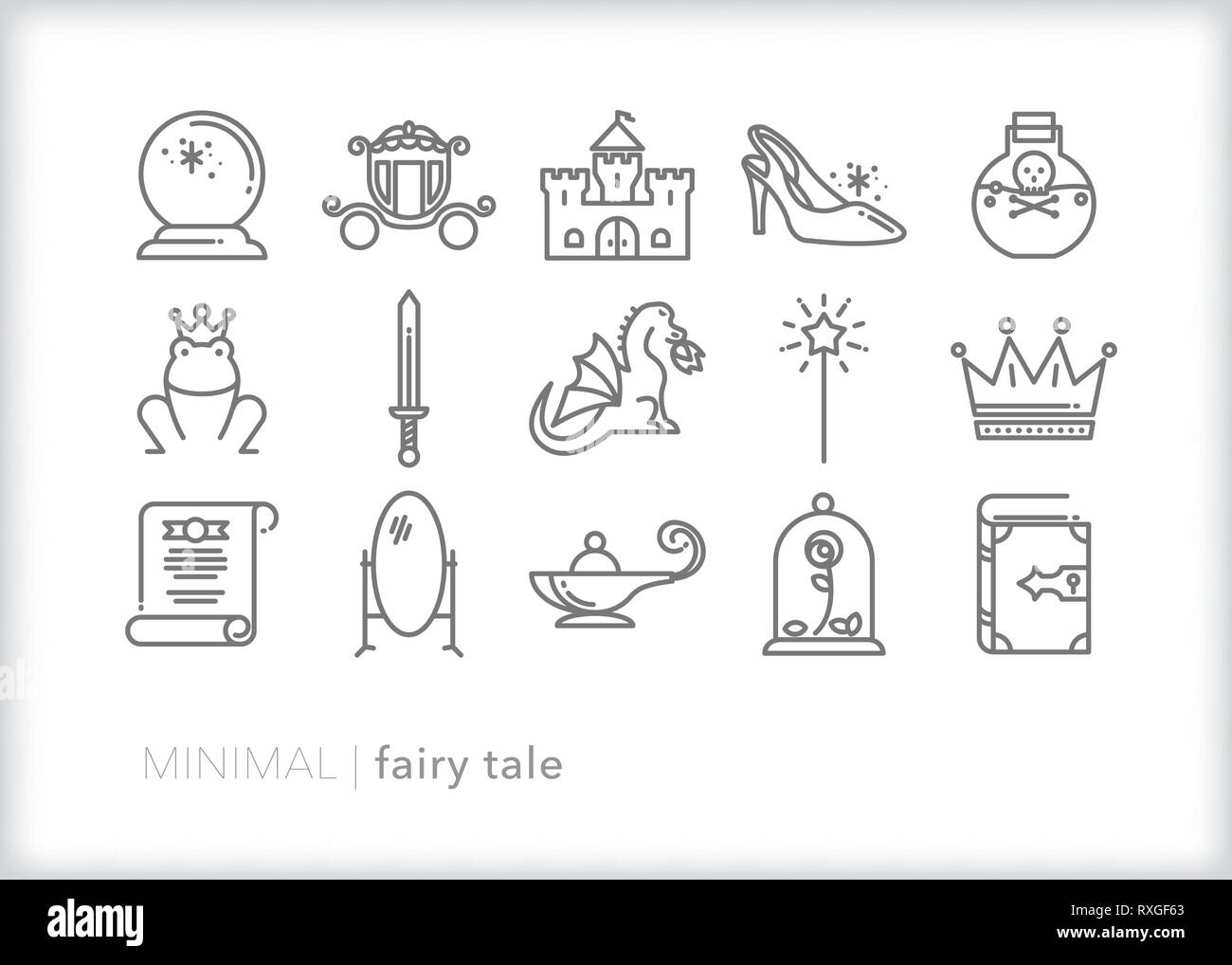 Ensemble de 15 icônes de ligne de conte de fées se rapportant à des histoires de magie, de châteaux, de princes et princesses Illustration de Vecteur
