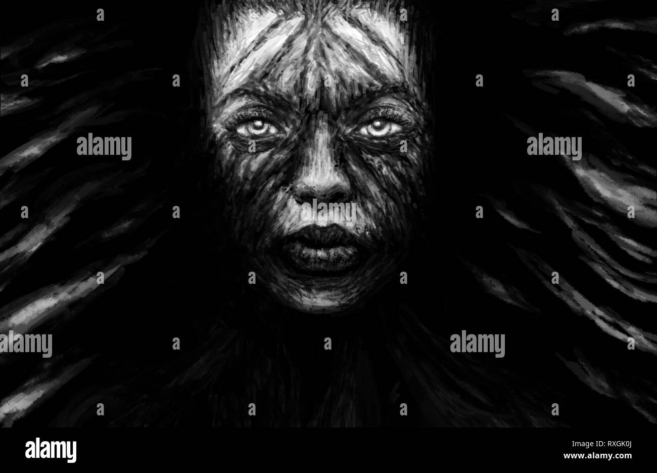Sorcière Creepy girl face avec les cheveux noirs. Illustration de genre d'horreur. Les couleurs noir et blanc. Banque D'Images