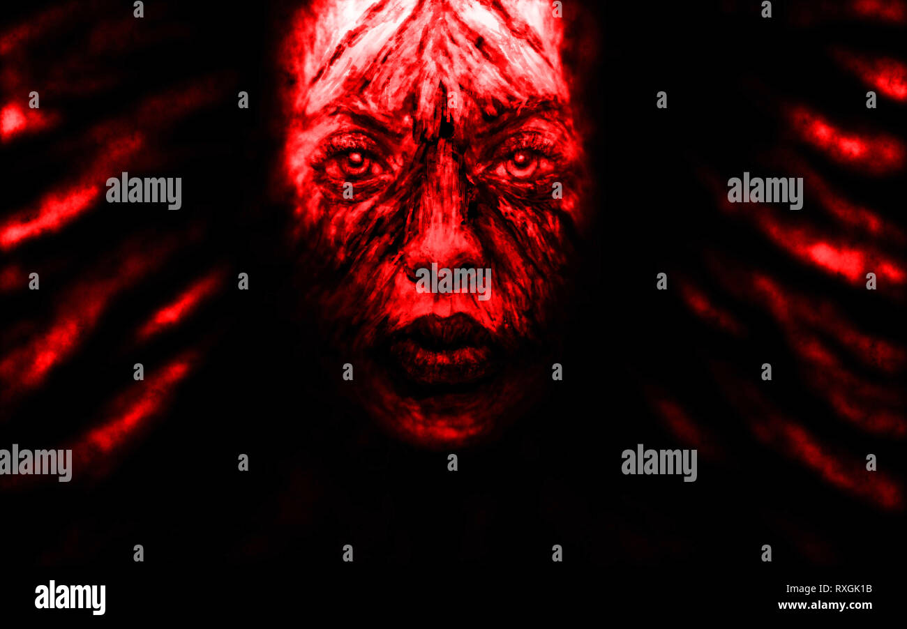Sorcière Creepy girl face avec les cheveux noirs. Illustration de genre d'horreur. Couleur de fond rouge. Banque D'Images