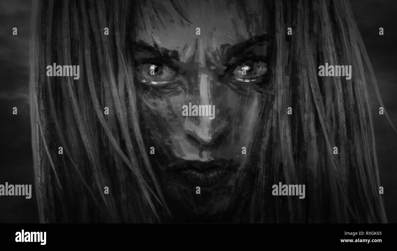 Beau visage princess warrior avec un regard de colère. Illustration de genre d'horreur. Les couleurs noir et blanc. Banque D'Images