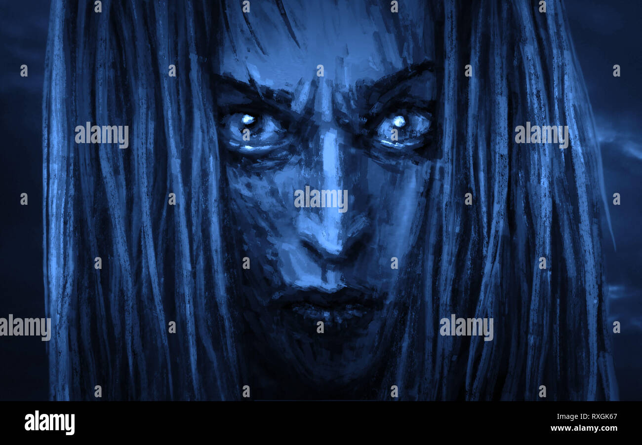 Beau visage princess warrior avec un regard de colère. Illustration de genre d'horreur. Couleur de fond bleu. Banque D'Images
