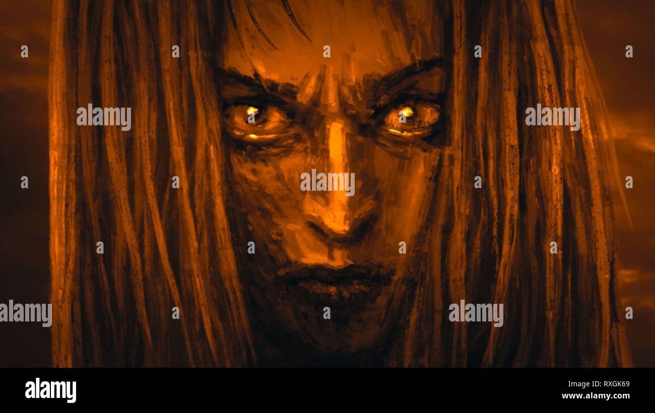 Beau visage princess warrior avec un regard de colère. Couleur de fond orange. Illustration de genre d'horreur. Banque D'Images