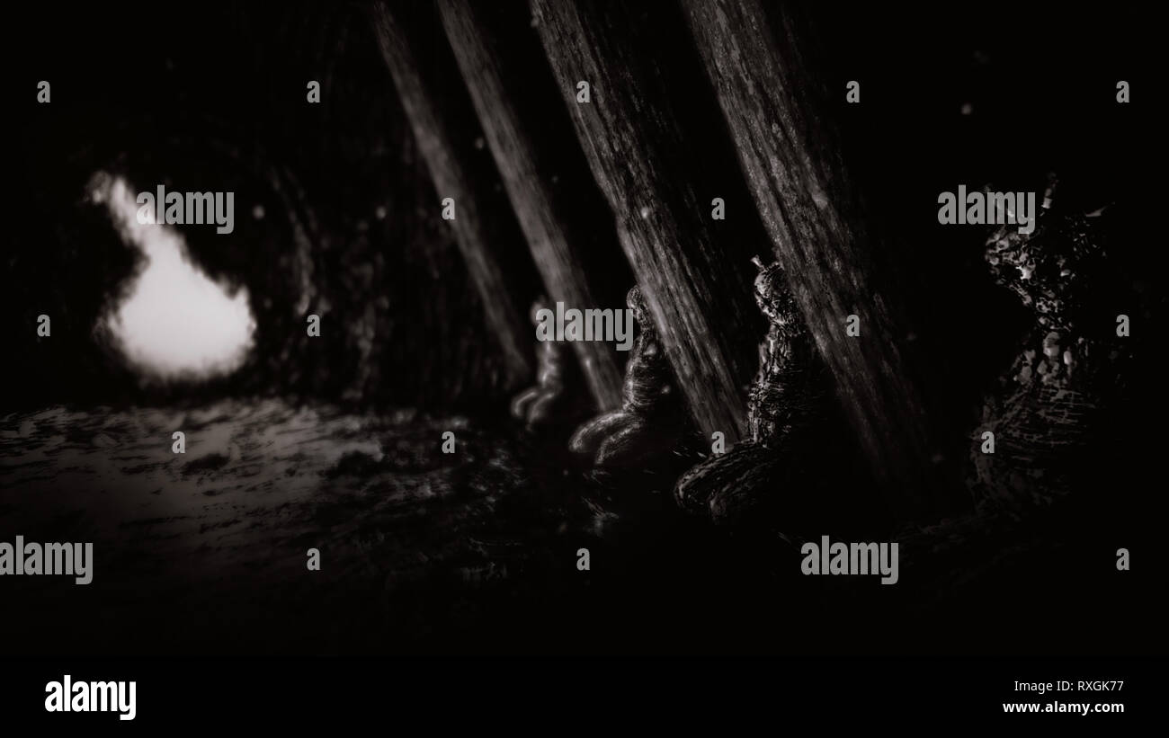 Les momies des arhats à droite de l'entrée du temple oublié. Entrée ronde avec timbre cassé la porte. Genre d'horreur. Fond noir et blanc. Banque D'Images