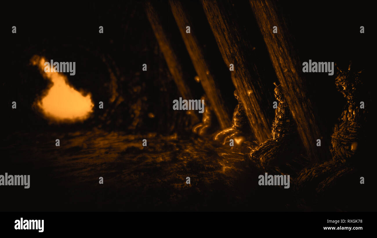 Les momies des arhats à droite de l'entrée du temple oublié. Entrée ronde avec timbre cassé la porte. Genre d'horreur. Fond noir et blanc. Banque D'Images