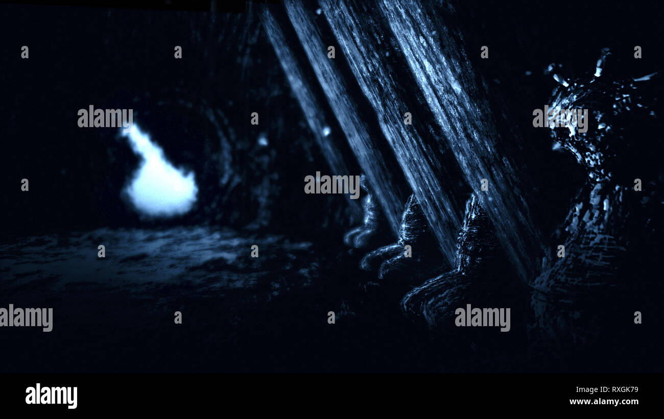 Les momies des arhats à droite de l'entrée du temple oublié. Entrée ronde avec timbre cassé la porte. Genre d'horreur. Fond noir et blanc. Banque D'Images