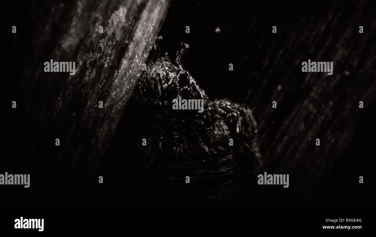 Les momies de moines sont assis entre les piliers dans un ancien temple oublié. Genre d'horreur. Fond noir et blanc. Banque D'Images