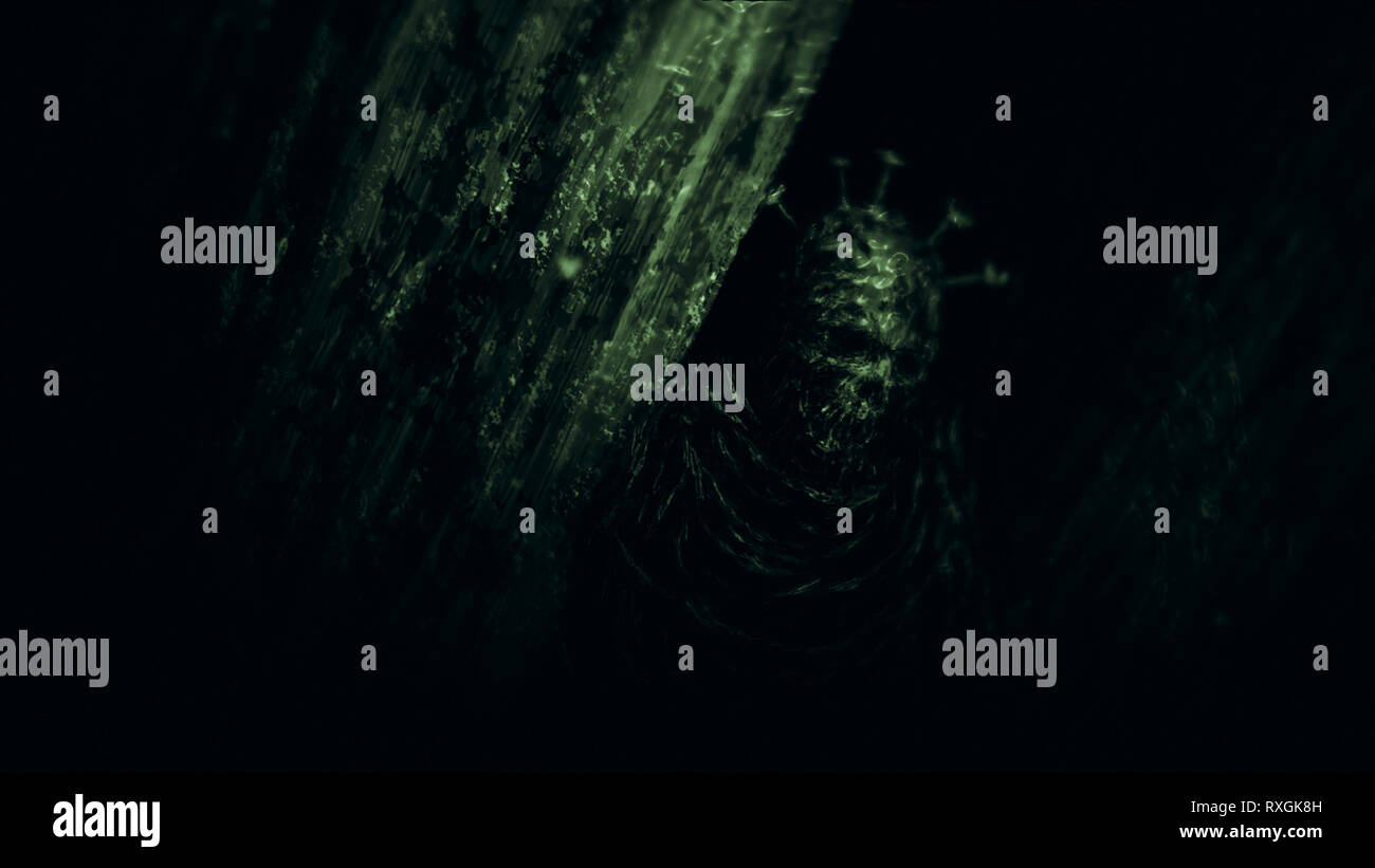 Les momies de moines sont assis entre les piliers dans un ancien temple oublié. Genre d'horreur. Fond noir et blanc. Banque D'Images