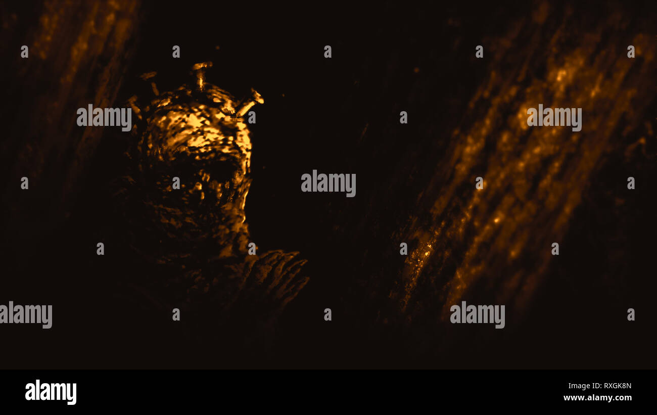 Les momies de moines sont assis entre les piliers dans un ancien temple oublié. Genre d'horreur. Fond noir et blanc. Banque D'Images