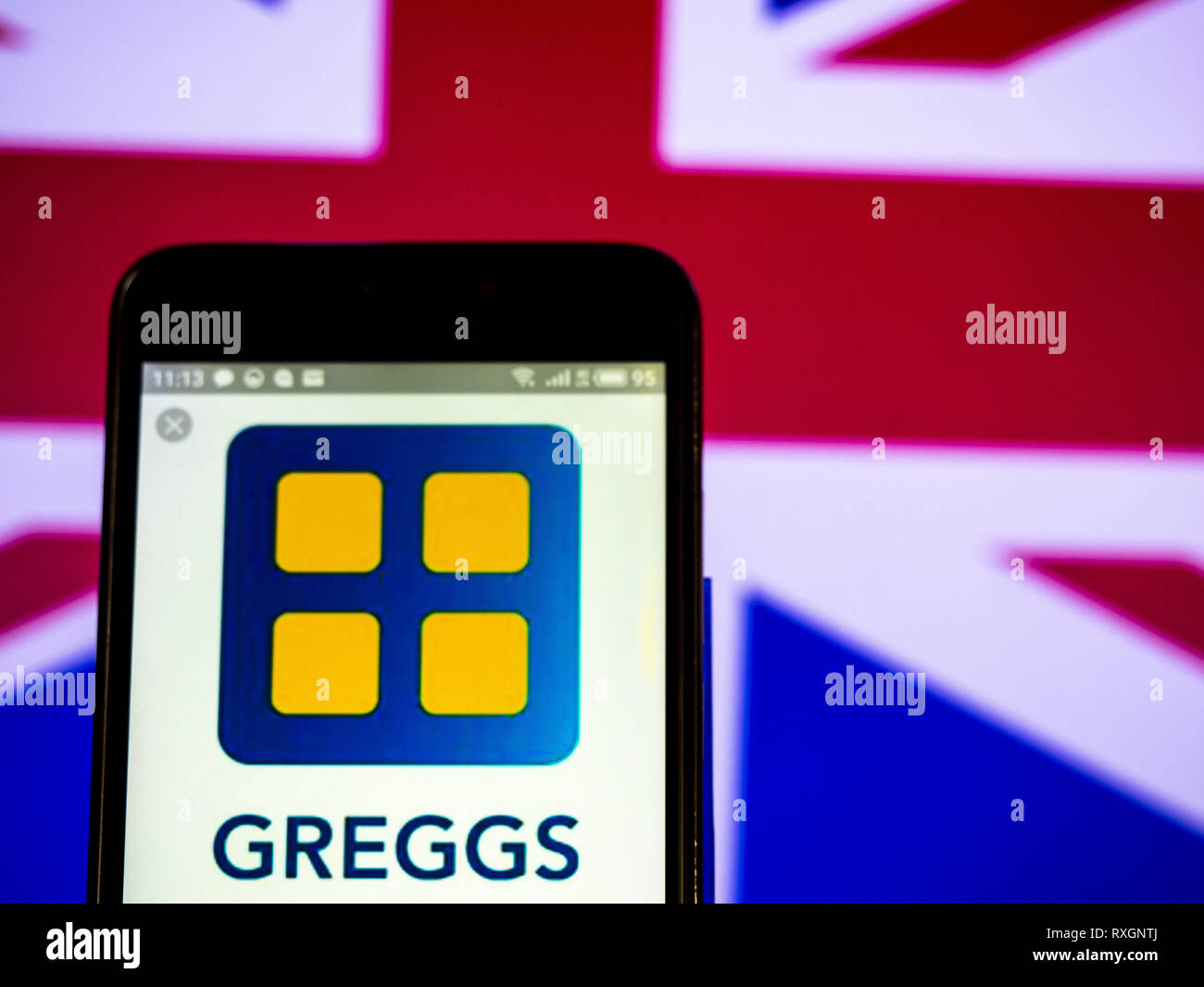 L'Ukraine. Mar 9, 2019. Greggs plc logo de l'entreprise vu affichée sur un téléphone intelligent. Crédit : Igor Golovniov SOPA/Images/ZUMA/Alamy Fil Live News Banque D'Images