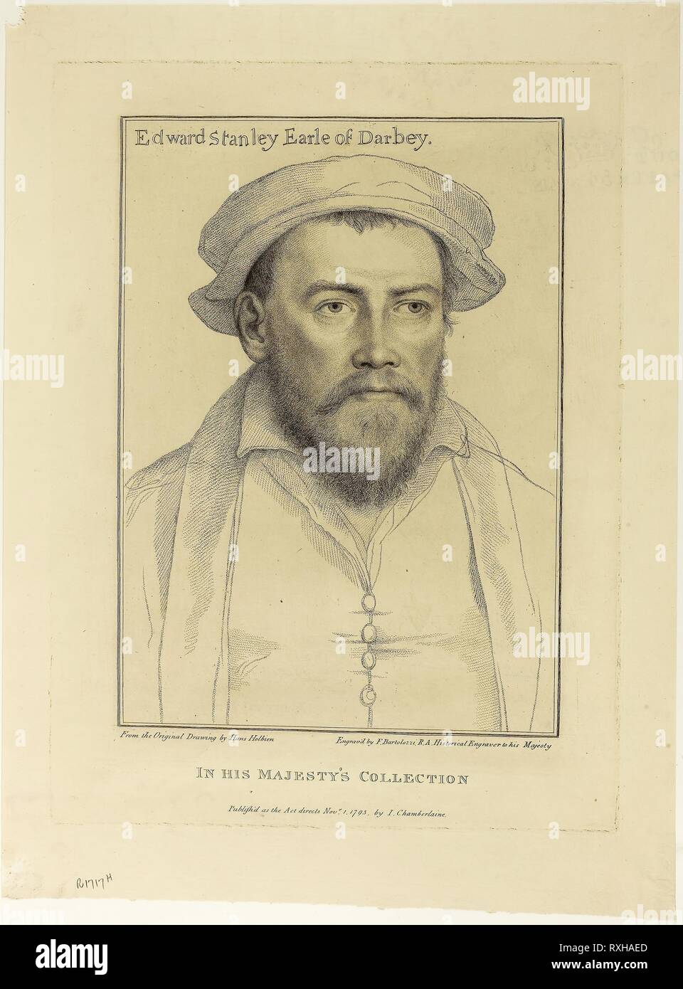 Edward Stanley, comte de Derby. Francesco Bartolozzi (italien, 1727-1815) ; après Hans Holbein le jeune (allemand, 1497-1543). Date : 1793. Dimensions : 272 x 191 mm (image) ; 339 x 253 mm (plaque) ; 403 x 298 mm (feuille). Gravure crépi sur vélin crème. Origine : Italie. Musée : le Chicago Art Institute. Banque D'Images