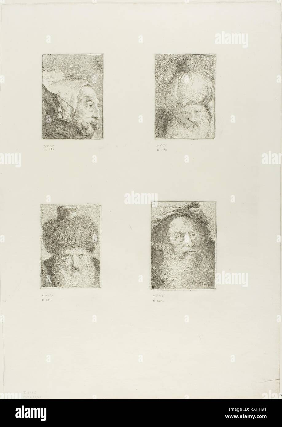 Profil d'un vieil homme, Turk Vu de face, Turc avec chapeau de fourrure, et vieil homme avec une barbe. Giovanni Domenico Tiepolo ; italien, Bassano Jacopo. Date : 1775. Dimensions : 115 x 83 mm (image, en haut à gauche) ; 118 x 85 mm (plaque, en haut à gauche) ; 115 x 82 mm (image, en bas à droite) ; 119 x 84 mm (plaque, en haut à droite) ; 113 x 81 mm (image, en bas à gauche) ; 118 x 84 mm (plaque, en bas à gauche) ; 120 x 88 mm (image, en bas à droite) ; 124 x 91 mm (plaque, en bas à droite) ; 545 x 388 mm (feuille). Quatre gravures sur papier vergé ivoire. Origine : Italie. Musée : le Chicago Art Institute. Banque D'Images