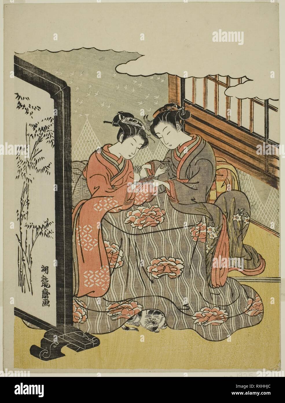 Deux jeunes femmes jouant Cat's cradle. Isoda Koryusai, Japonais, 1735-1790. Date : 1764-1774. Dimensions : 10 1/4 x 7 3/4 in. Gravure sur bois en couleur ; chuban. Origine : Japon. Musée : le Chicago Art Institute. Banque D'Images