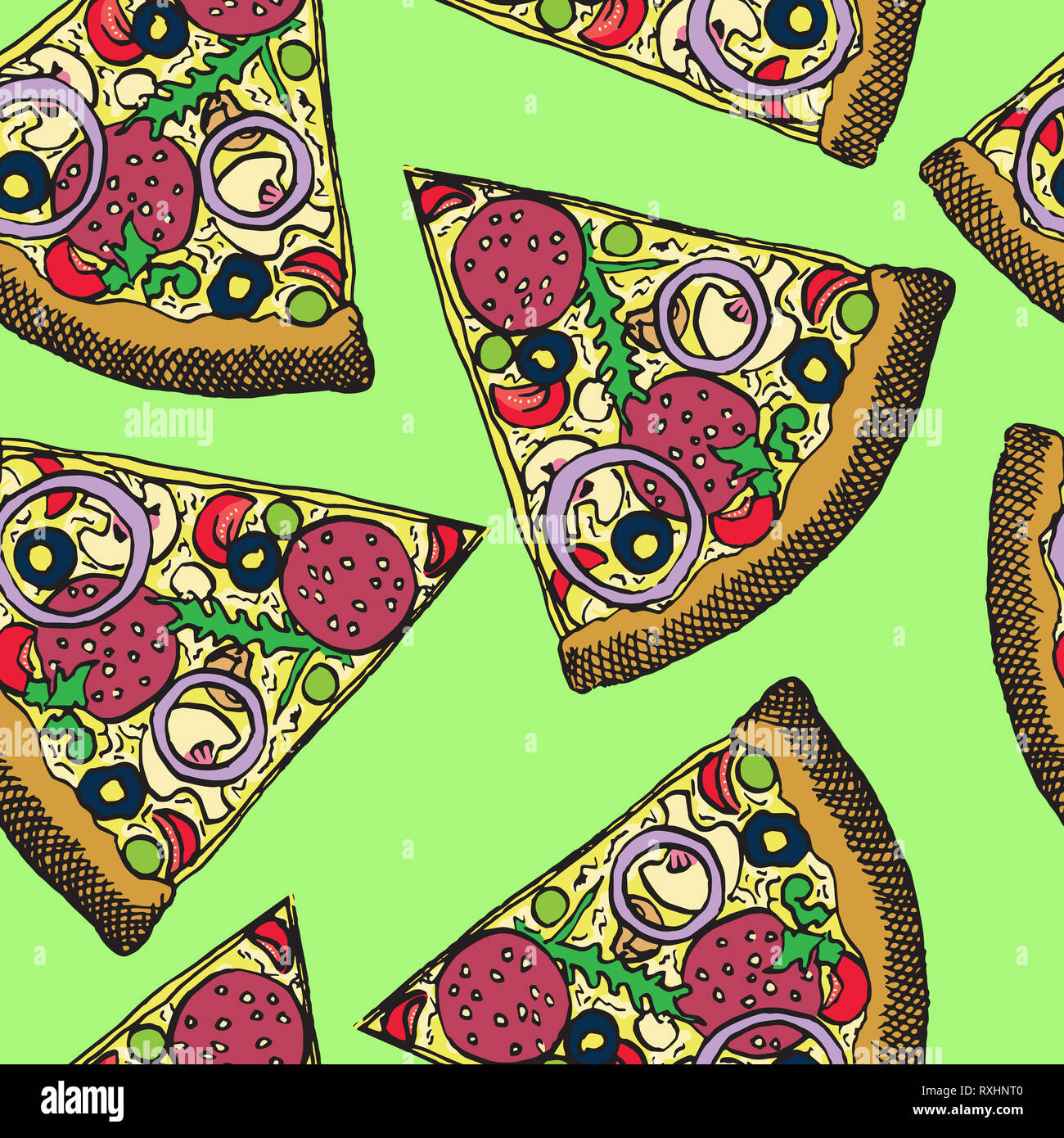 Nude Italian Pizza slice au salami, roquette, tomates, oignons, olives et fromage, hand drawn doodle, sketch dans un style pop art, motif transparent Banque D'Images