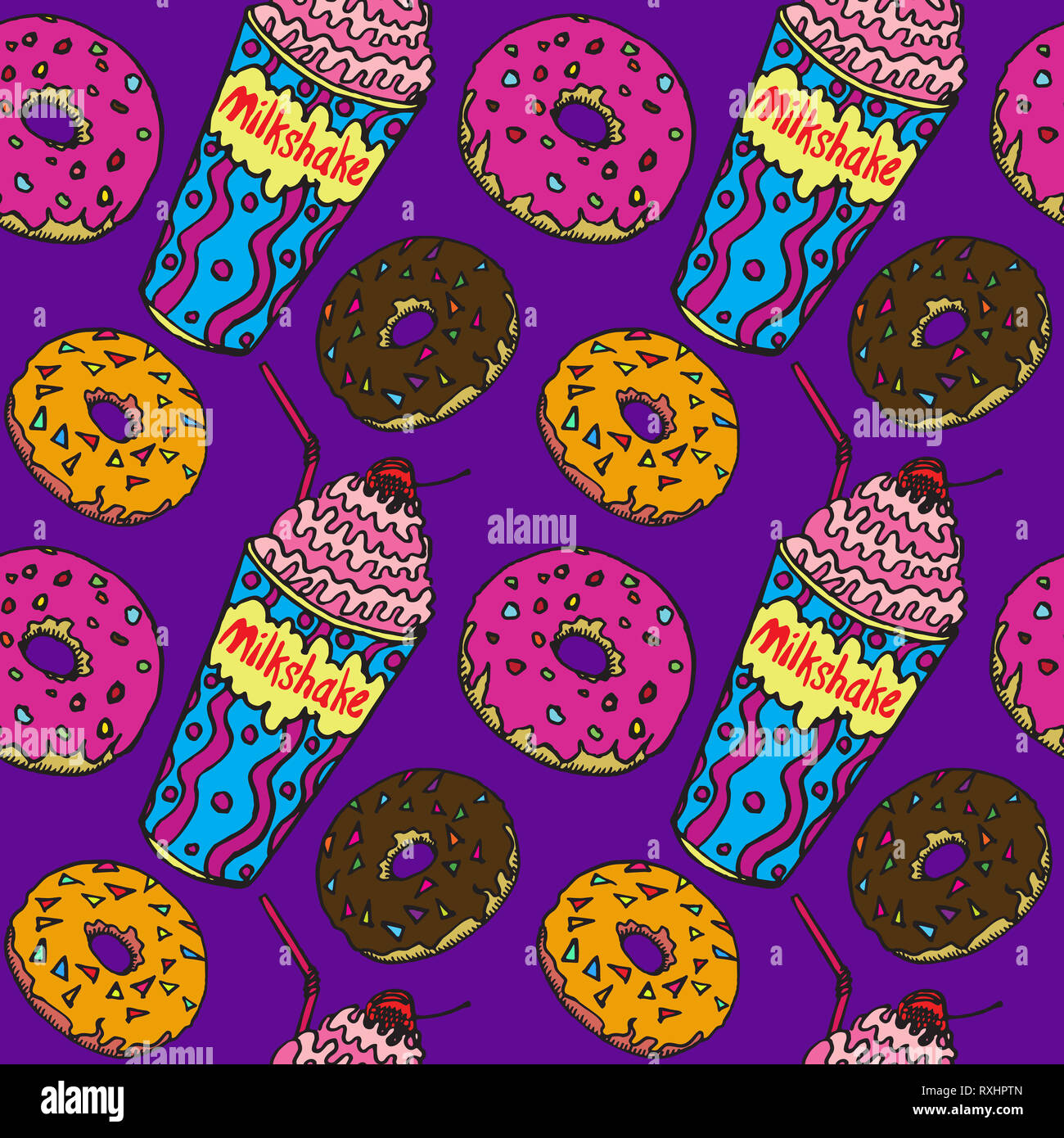 Donut Dans Le Chocolat Et Glacage Colore Avec De La Paille Et Des Milk Shakes Et Cerise Sur Le Gateau Hand Drawn Doodle Sketch Dans Un Style Pop Art Motif Transparent Photo Stock