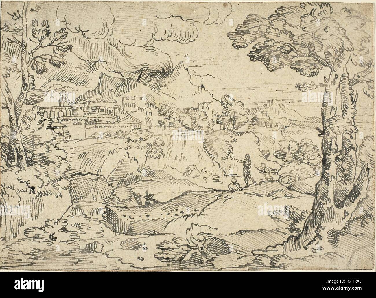 Paysage italien avec trois chiffres. Michel Ange Corneille ; français, 1642-1708. Date : 1662-1705. Dimensions : 216 × 300 mm. Plume et encre brune, sur papier vergé chamois. Origine : France. Musée : le Chicago Art Institute. Banque D'Images