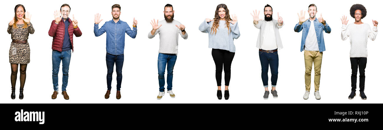 Collage des personnes de plus isolé blanc montrant l'arrière-plan et pointant vers le haut avec les doigts le numéro six en souriant confiant et heureux. Banque D'Images