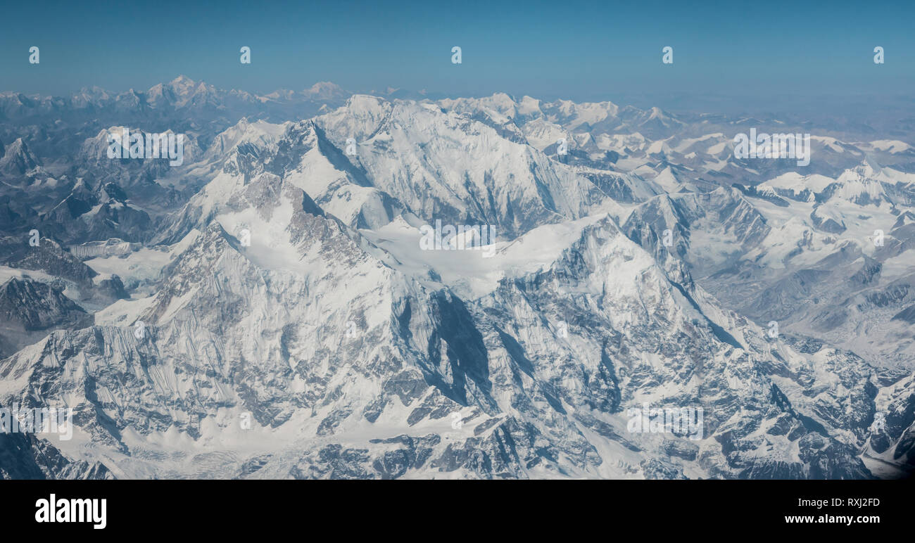 Vue aérienne de l'Himalaya, repris de la vol entre Katmandou au Népal et Lhassa au Tibet. Banque D'Images