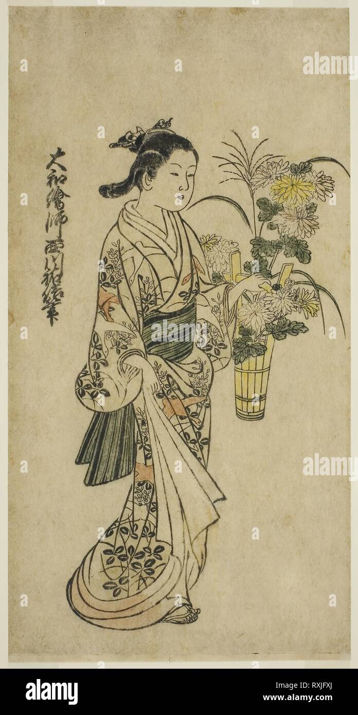 Jeune fille portant un arrangement floral. Nishikawa Sukenobu ; japonais, 1671-1750. Date : 1700-1750. Dimensions : 12 1/4 x 6 3/8 in. À la main, gravure sur bois ; page d'un album illustré. Origine : Japon. Musée : le Chicago Art Institute. Banque D'Images