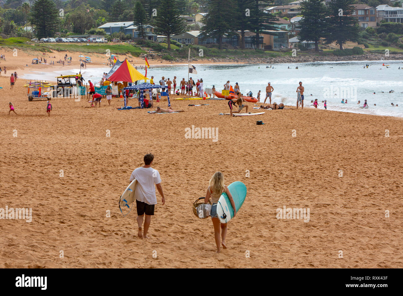 Deux jeunes personnes portent leurs planches sur le sable sur la plage d'Avalon,Sydney, Australie Banque D'Images